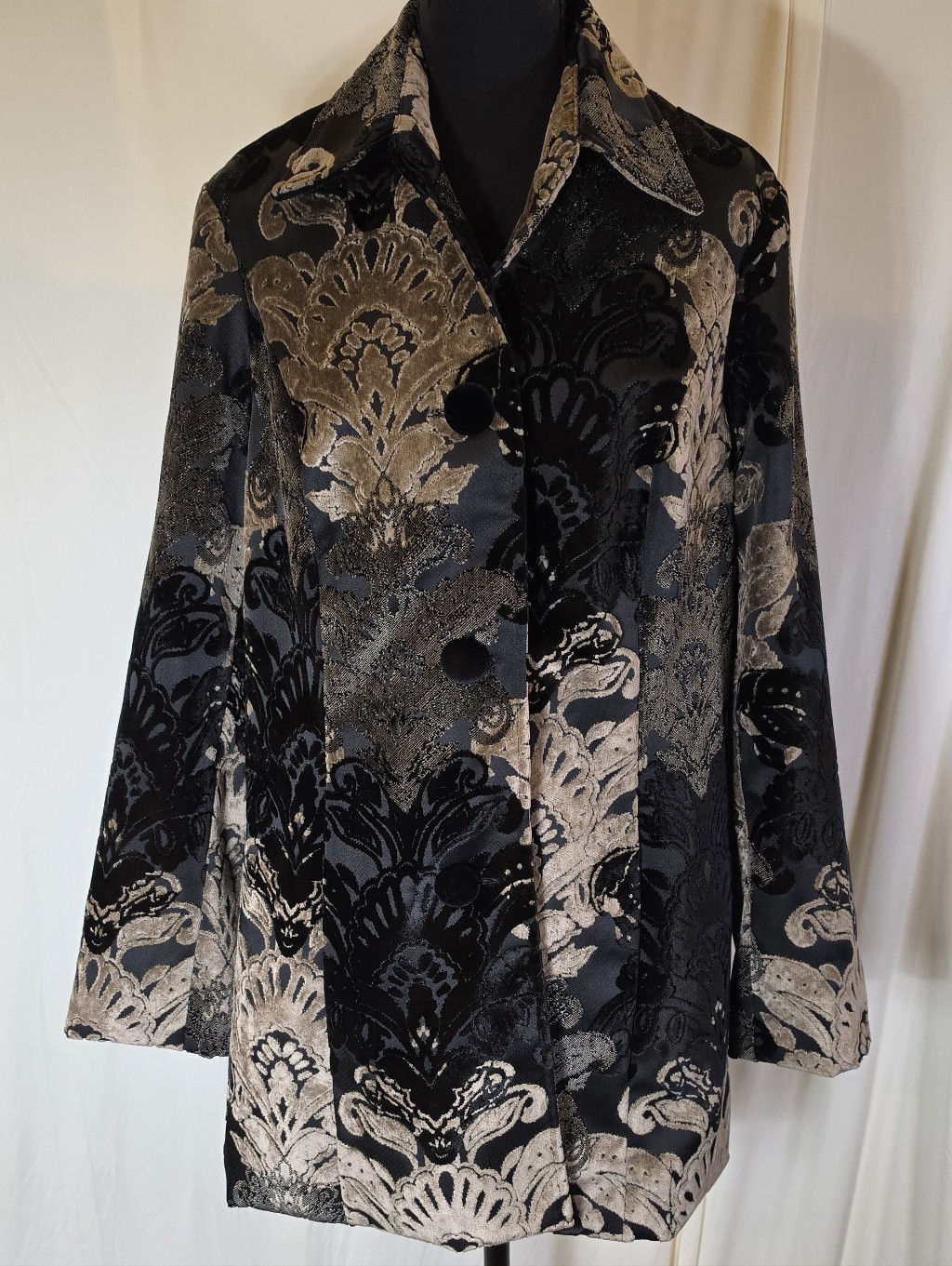 Vintage 3 Sisters L Black Gold Flocked Damask Velvet Coat Jacket Red Lined Usa